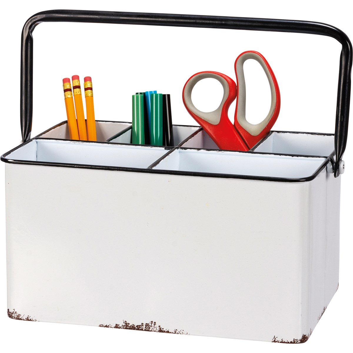 Six Section Caddy, White,
SKU: 114164
A metal caddy from our Farmhouse Collection featuring an enamel-like finish and distressed details for added interest. Caddy features two large and four small compartments for optimal organization.
Dimensions:	9.50 x 5 x 6.25
Material:	Metal
UPC:	190134141646
Artist:	Primitives by Kathy