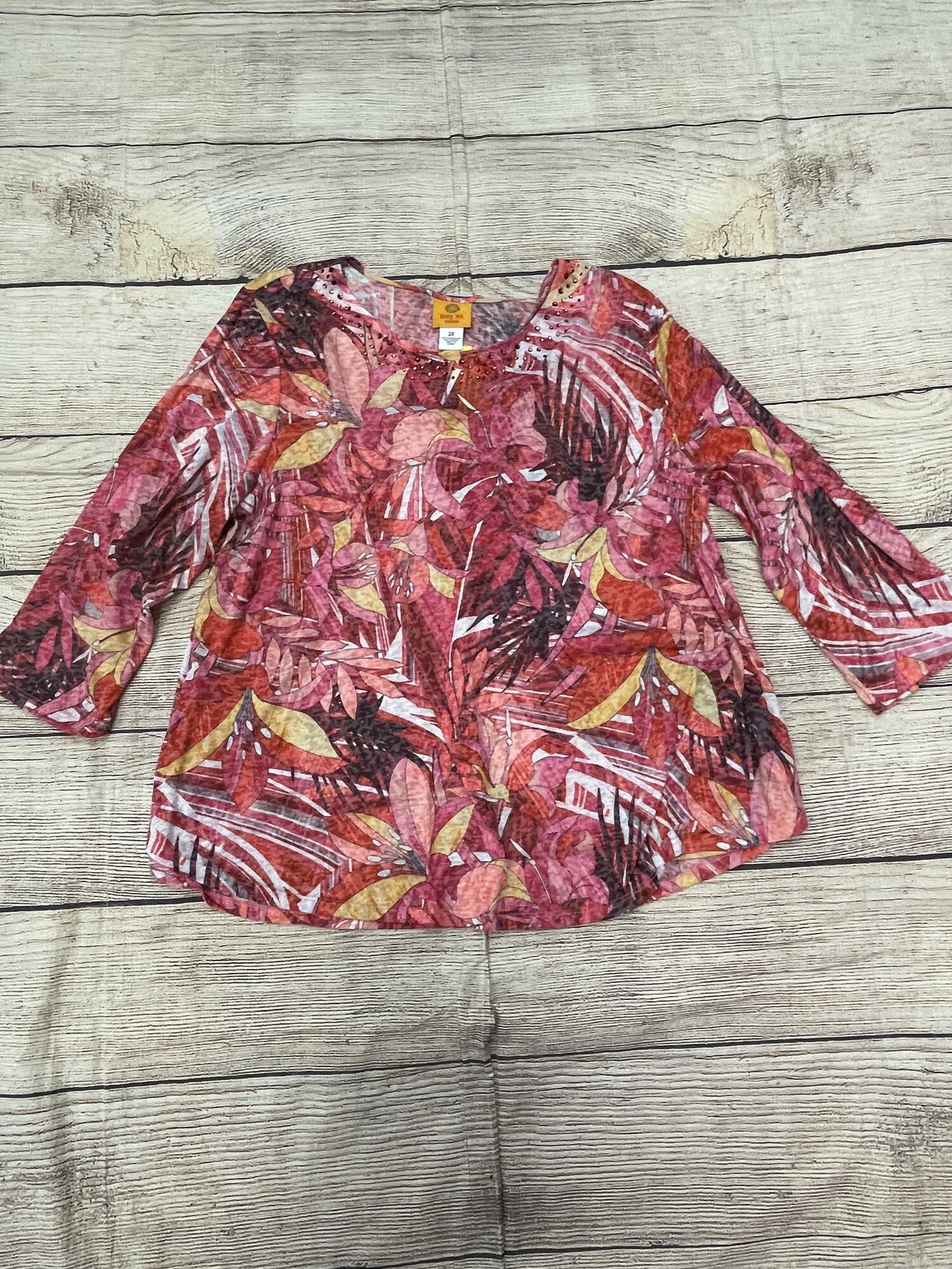 Ruby Rd Top, 3/4 Sleeve, Pink Floral Pattern with Rhinestones Around the Neckline, Size: 2x
