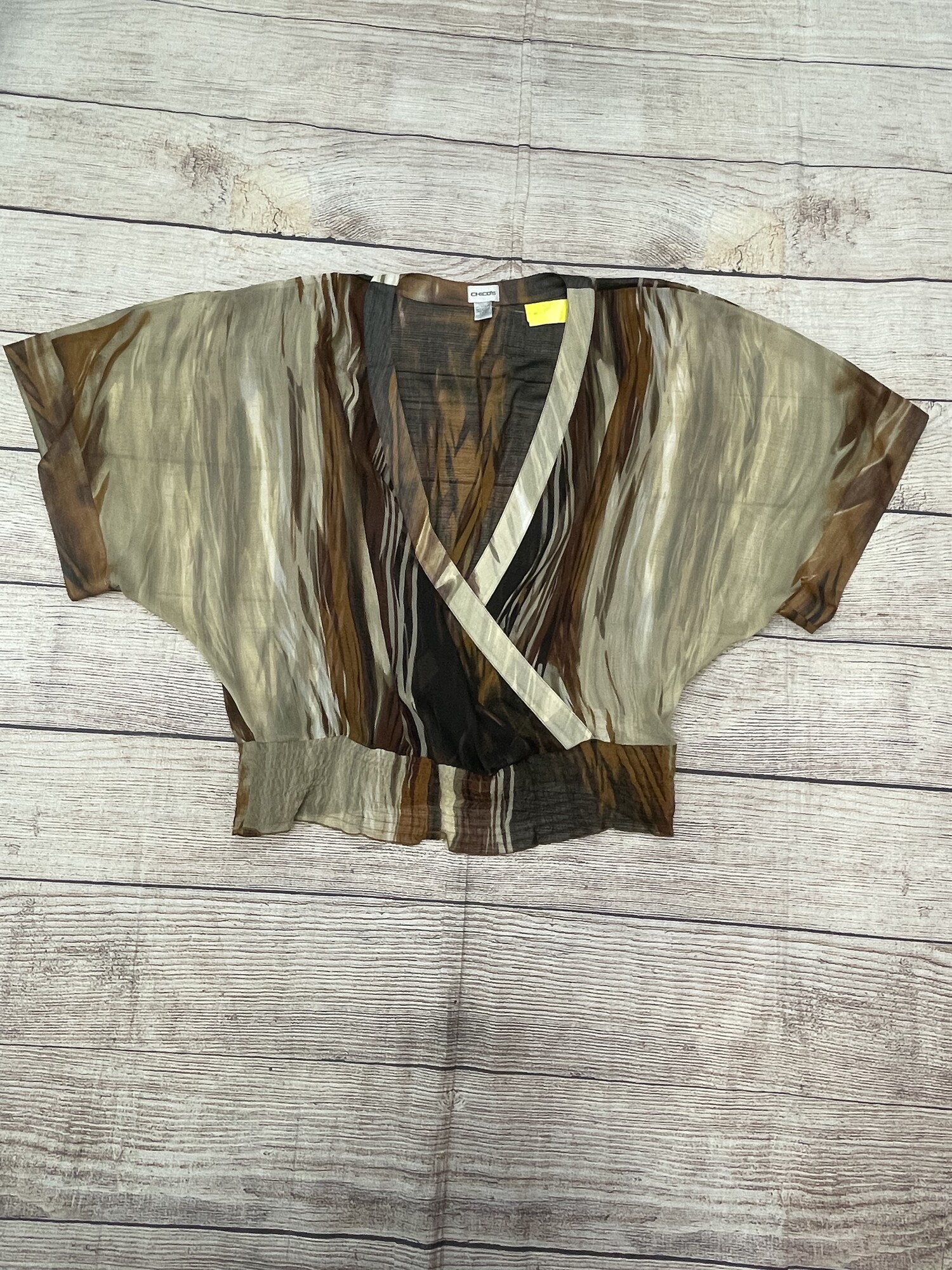Chicos Sheer Top, SS, Brown and Tan Stripes, Long V-Neck, Elastic Waist, Size: Large (Chicos 2)