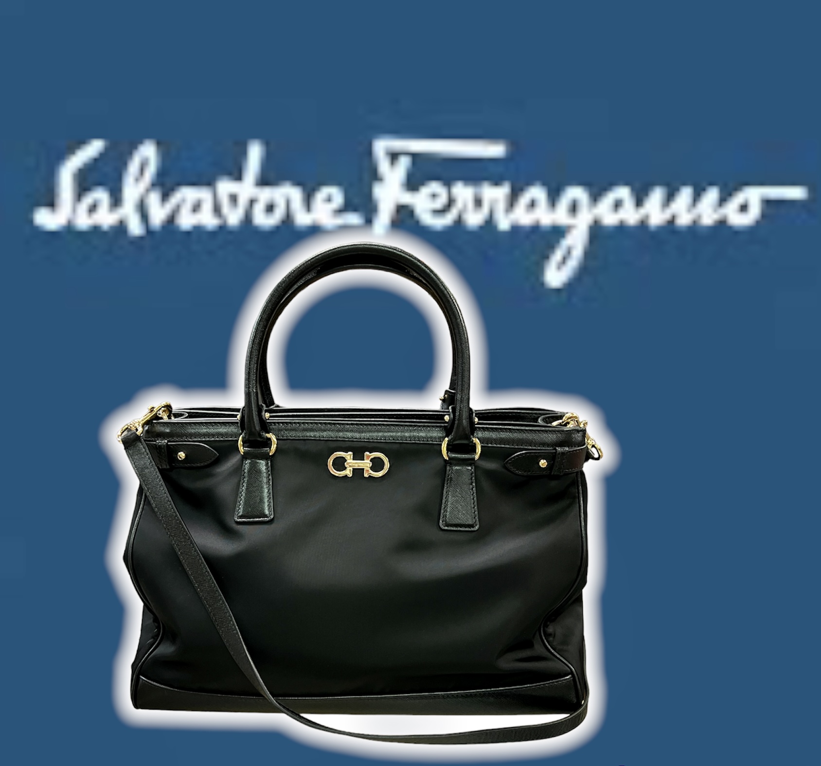 Salvatore Ferragamo -
Nylon Hammered Calfskin Batik Tote Black
This is an authentic SALVATORE FERRAGAMO Nylon Batik Tote in Black. This stylish bag is crafted of nylon canvas with black calfskin leather in black with gold hardware, leather top handles, and a matching leather shoulder strap. The bag opens to a partitioned black fabric interior with a large pockets.
COMES with CERTIFICATE of AUTHENTICITY
Base length: 15 in
Height: 11 in
Width: 7 in
Drop: 5.25 in
Drop: 20.5 in
This tote is in like new condition with no signs of wear or flaws.