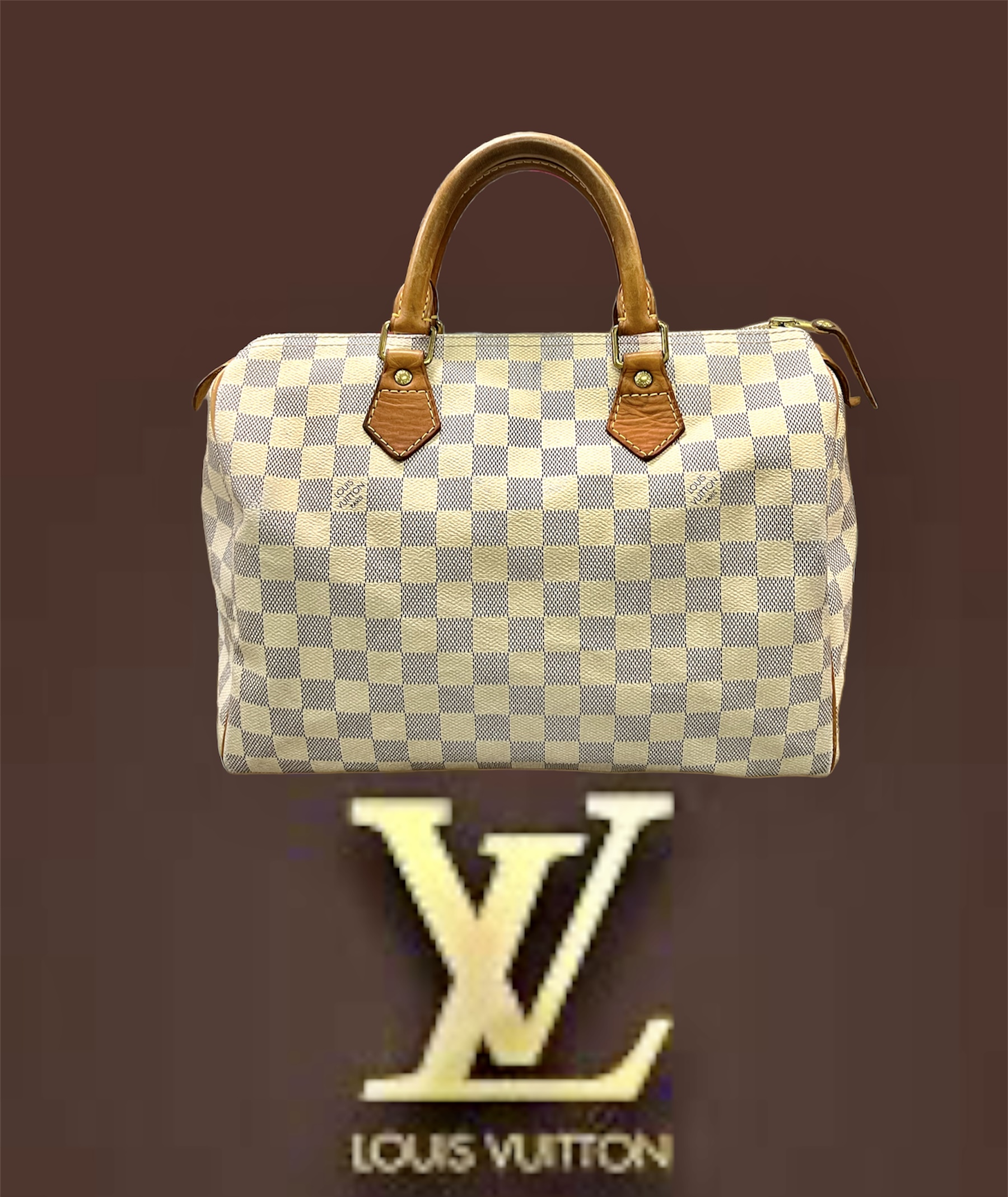 Louis Vuitton
This is an authentic LOUIS VUITTON Damier Azur Speedy 30. This is a stylish, iconic tote, crafted of Louis Vuitton Damier coated canvas in blue and white. The handbag features natural vachetta cowhide leather trim and rolled top handles with brass handle rings. The brass top zipper opens to an interior of beige fabric with a hanging patch pocket.

Base length: 12 in
Height: 8.5 in
Width: 7 in
Drop: 3.5 in
COMES with CERTIFICATE of AUTHENTICITY
This Speedy is pre-loved and does show signs of wear.