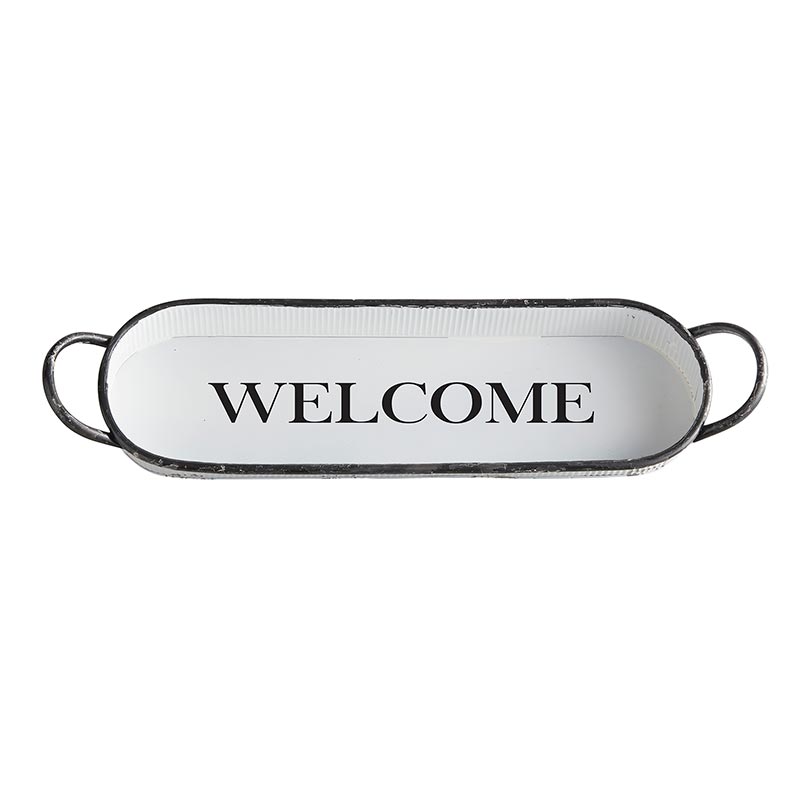 Metal Long Tray-Welcome, White,
Item #BMR242
Oval Tray - Welcome
This metal tray is perfect for displaying as well as serving. Perfect for a brunch setting, also use as an addition to decoration in living room, dining, kitchen or bathroom.
Rustic round tray is stylish yet versatile.
Material: Metal
Size: 20W x 6.5L x2D
Care Instructions: Spot Clean Only
UPC: 886083974106