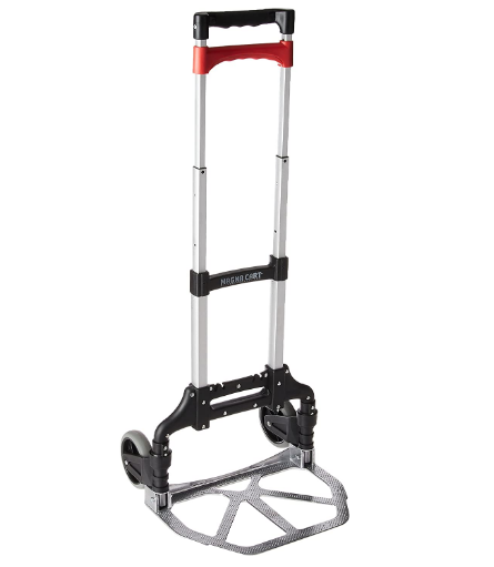 Magna Cart, Folding Hand Truck

NEW IN PACKAGE

The Magna Cart Personal Hand Truck is engineered with toughness in mind. Made of rust-proof aluminum, this cart is ideal for traveling, and can even be folded and stowed in an airline overhead compartment, and is also handy for weekend travel by train or car. Storage is simple as the lightweight, seven-pound cart folds up to a compact size of 25 inches tall by 2.5 inches wide; it extends to 39 inches tall. Sturdy enough to hold up to 150 pounds, you'll find many uses for this handy cart at home, work, and while traveling. Five-inch rubber wheels allow you to glide through your travels and tasks with ease.