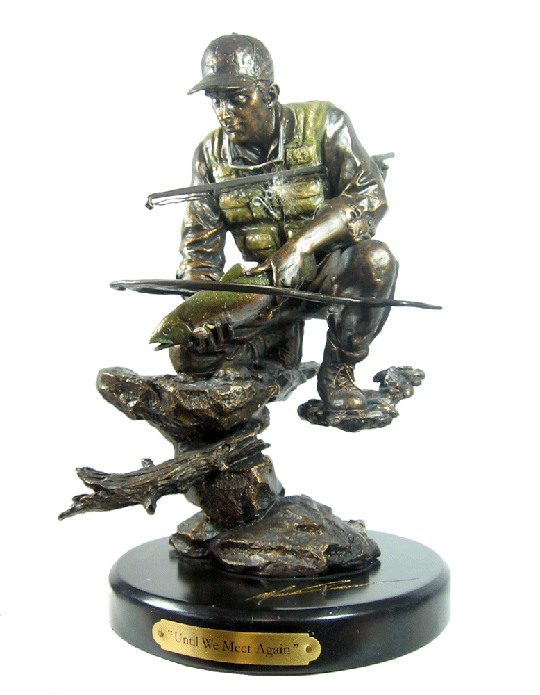 Until We Meet Again

This Until We Meet Again sculpture is a beautiful recreation of the joy a fisherman experiences when releasing a trout back to its home. This sculpture was hand-cast from Montana bronze and will make a dazzling addition to your homes decor. So try out this sculpture in your home and show people that returning a fish to the waters can be as rewarding as catching it.