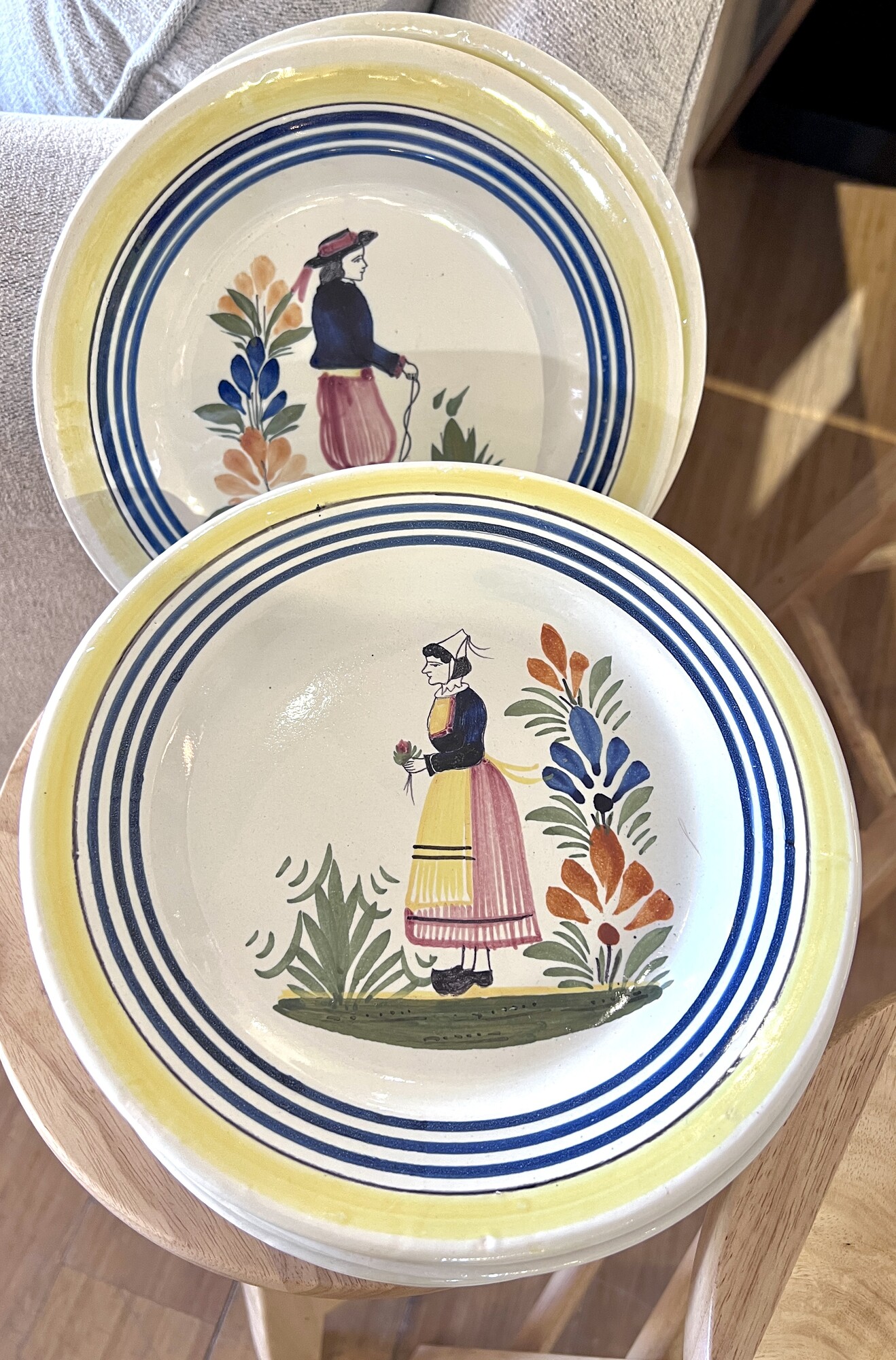 Plates Henriot Quimper, White, Yellow, Blue, Set Of 12