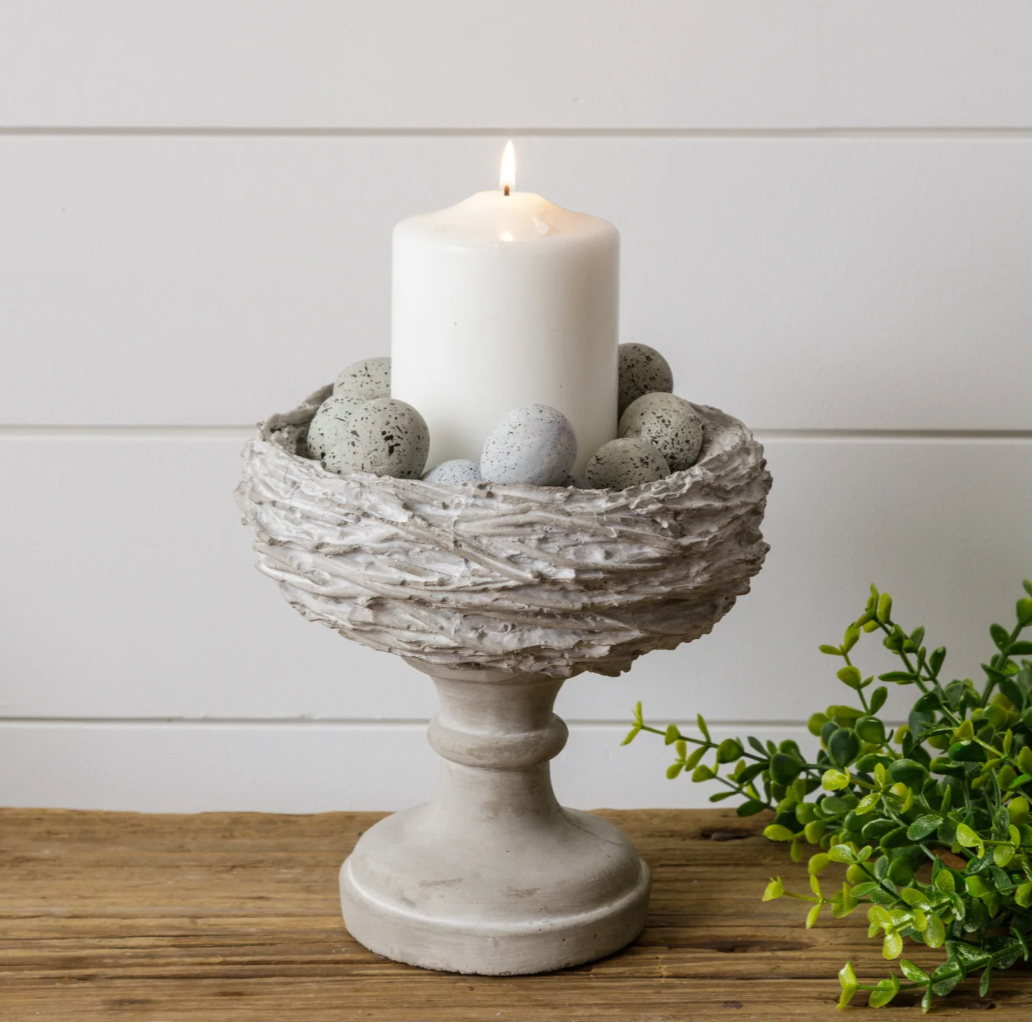 This pretty cement  nest pillar is peferct to add to any decor with so many ways to use it.
Fill it with eggs, moss, birds, candles or any of our half spheres
This pillar measures 7 inches high and  7.5 inches in diameter