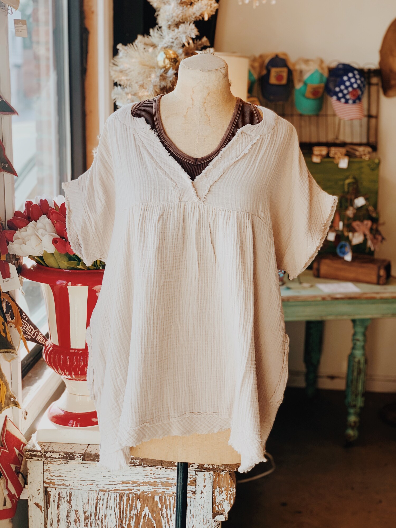 These gauze tops make any outfit unique! Pair these with a necklace and leggings, and you are ready to go!