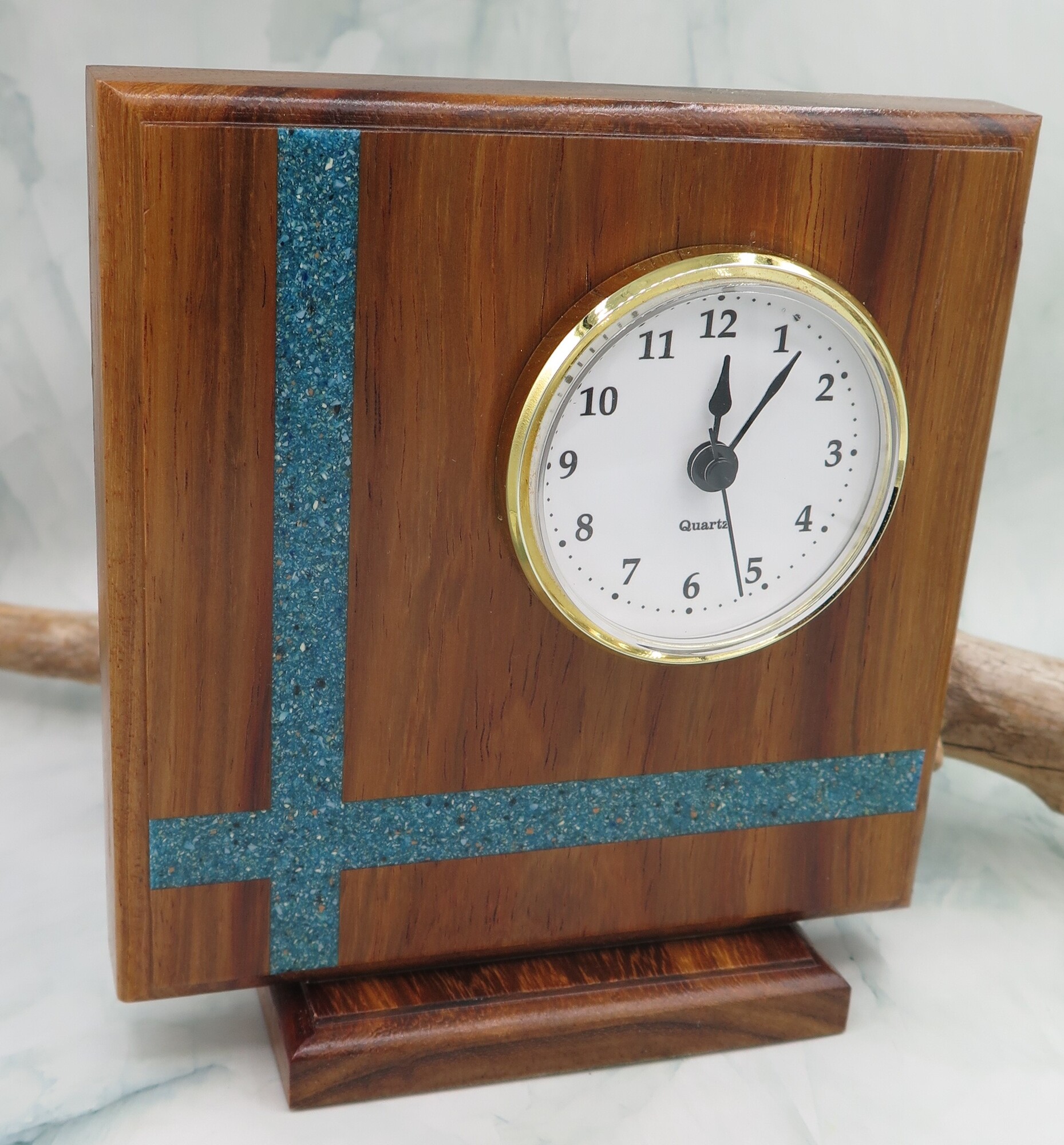 Clock W Turq Inlay, Brown, Size: 6.5x6