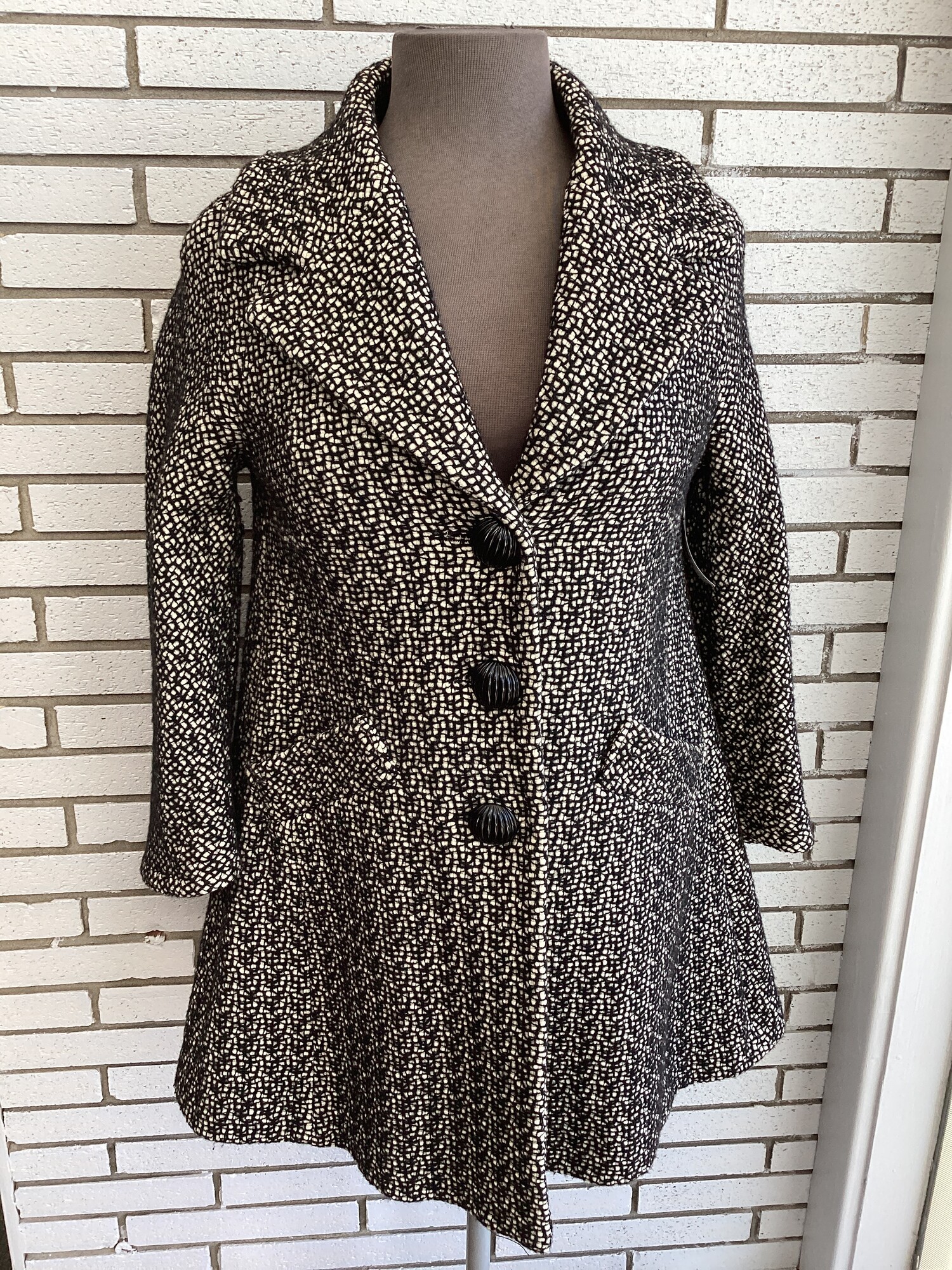 Btn Up Prt Wool Coat, Blk/wht, Size: Small