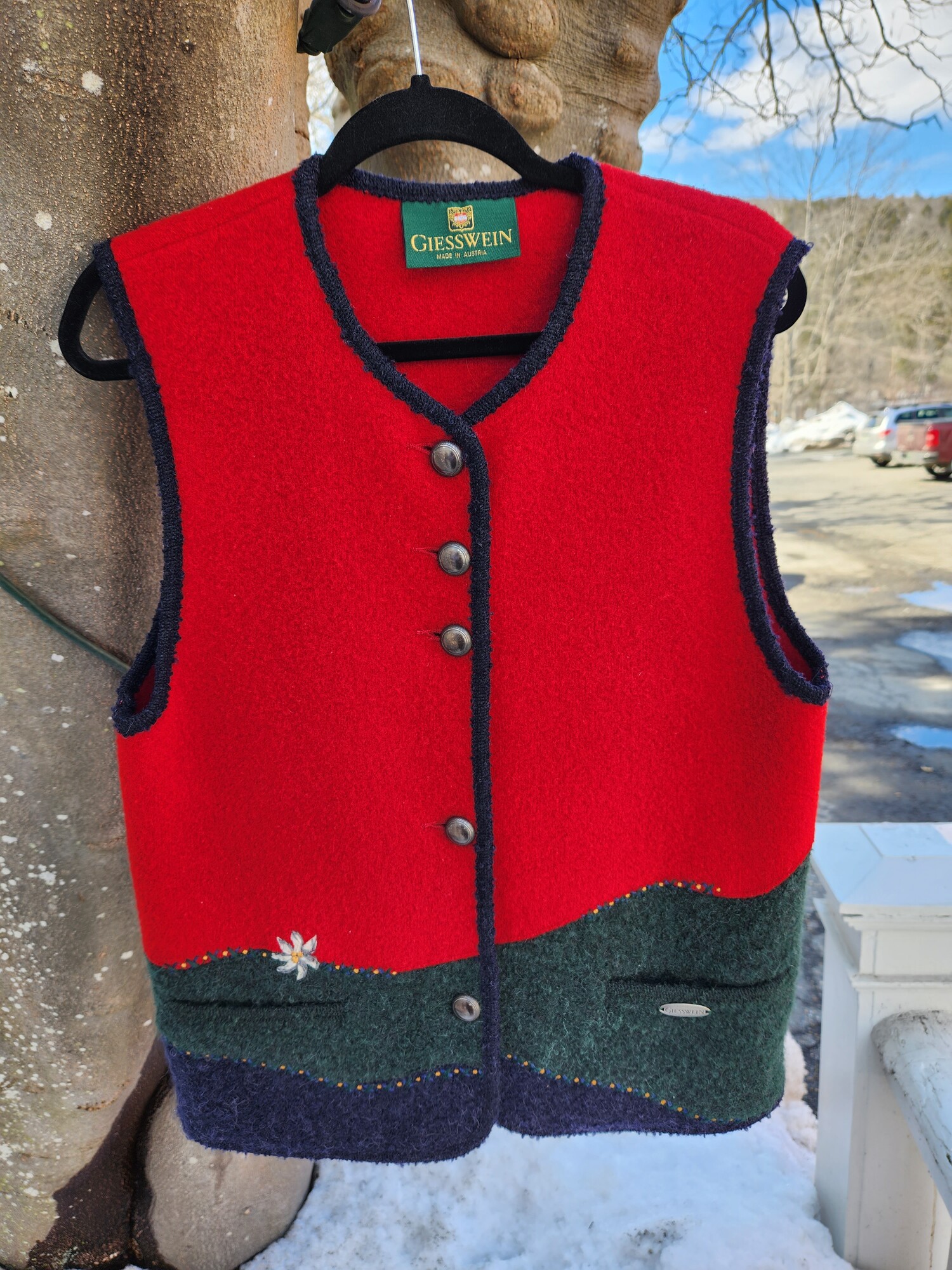 Vintage Giesswein Wool Vest  size L/XL
Red, green and Navy Wool with embroidered flower
Pit to Pit 20.5 inches across
Sleeve opening 10.5 inches
Waist 20.5 inches across
Hip 21 inches across
Down the back 26 inches
EUC