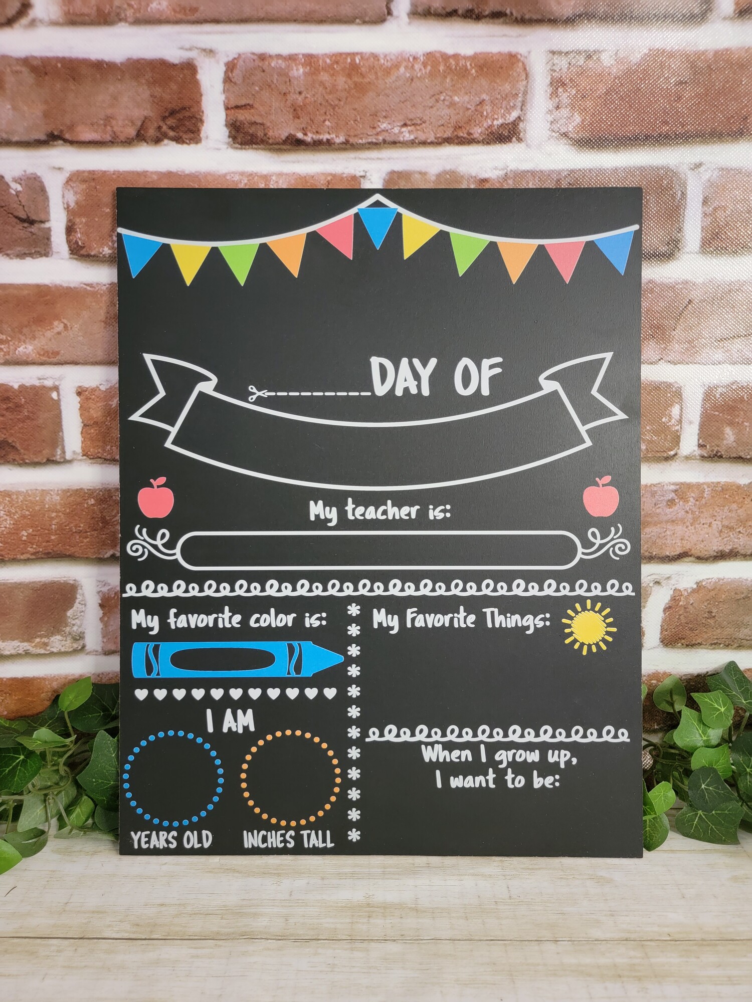 Your child's first day of school is a big deal!

Your back to school board will be perfect for keeping track of the stats that matter most.  Add the special touch to your first day of school photos with this one of a kind photo prop. This chalkboard sign is reusable and can be for the first day of kindergarten; 1st day of homeschool; last day of school; or any other milestone you can think of.

The chalkboard measures approx. 11.75 x 15' with a quality chalkboard surface; allowing you to use chalk or chalk markers.

Clean with water in 24 hours of writing and store away until next year. Available in pastel or primary colors

****colors vary****