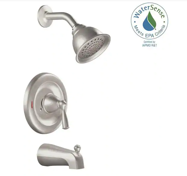 Tub And Sower Faucet, Moen, Banbury
Single-Handle 1-Spray 1.75 GPM Tub and Shower Faucet in Spot Resist Brushed Nickel (Valve Included)

NEW

This MOEN Banbury 1-Handle Tub and Shower Faucet is transitionally designed and features a simple elegance that can easily accent your existing bathroom features. The single, lever-style handle is easy to use, while a pressure-balance valve helps prevent sudden bursts of hot or cold when water is running in other rooms. Self-cleaning nozzles and an innovative Spot Resist finish help you keep this fixture looking fresh and clean day after day.
Posi-temp pressure-balancing valve maintains water pressure and controls temperature
WaterSense certified: meets EPA WaterSense criteria to conserve water without sacrificing performance
Spot resist brushed nickel finish resists fingerprints and water spots for each maintenance
Tub spout reaches 5-7/8 in. for easy access
Single-handle design for quick and easy water control using just 1 hand
MOEN flo XL single-function showerhead ensures a satisfying shower experience
Showerhead maximum flow rate of 1.75 GPM for efficient cleaning
Self-cleaning nozzles help you maintain a clean and functioning fixture
1/2 in. IPS or CC compatible Posi-Temp pressure balancing valve included
Complies with ADA (Americans with Disabilities Act) specifications
