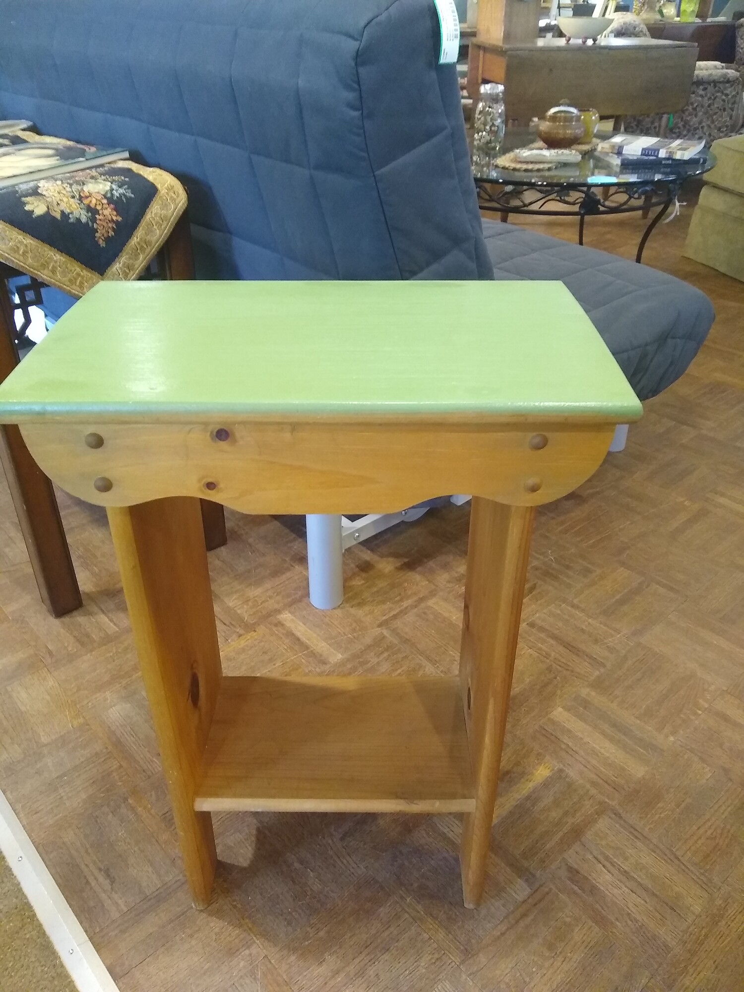 NE Pine SideTable W/Shelf

New England made pine side table with lower shelf.  Top is painted green.

Size: 18 in wide X 11 in deep X 27 in high