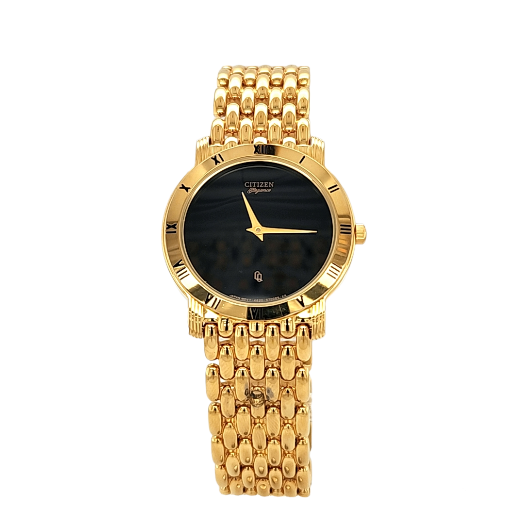 Gents Citizen Watch  * Like New
Goldtone Band. Roman Numeral Bezel.
Black Dial.
$270