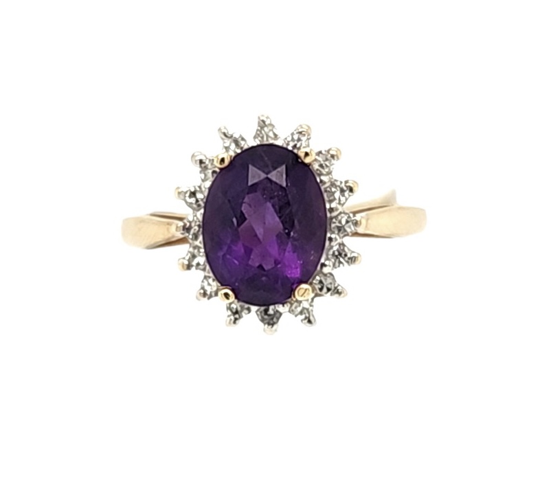 Ladies Ring 9 x 7mm Amethyst with Diamond Halo
Diamonds total .36 carats.
14 karat yellow gold
Size 7.75
$715

* Can be sized up or down 2 sizes