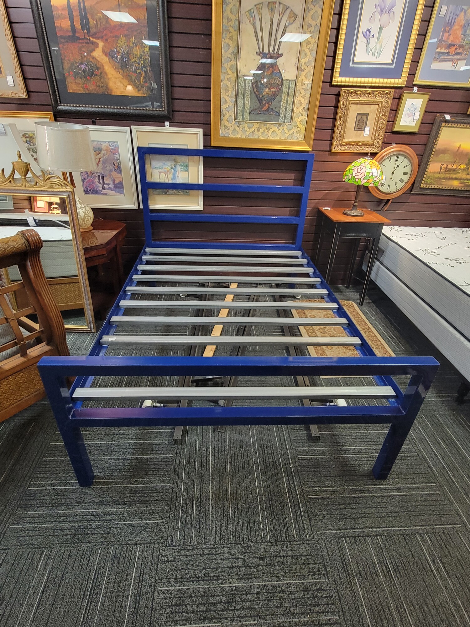 Room & Board Full  Bright Blue Bed in good condition.  Built like a tank; this thing will never wobble!   Includes Headboard; Footboard; rails & metal slats.   Measures 47' tall; 55' wide; 82' long.