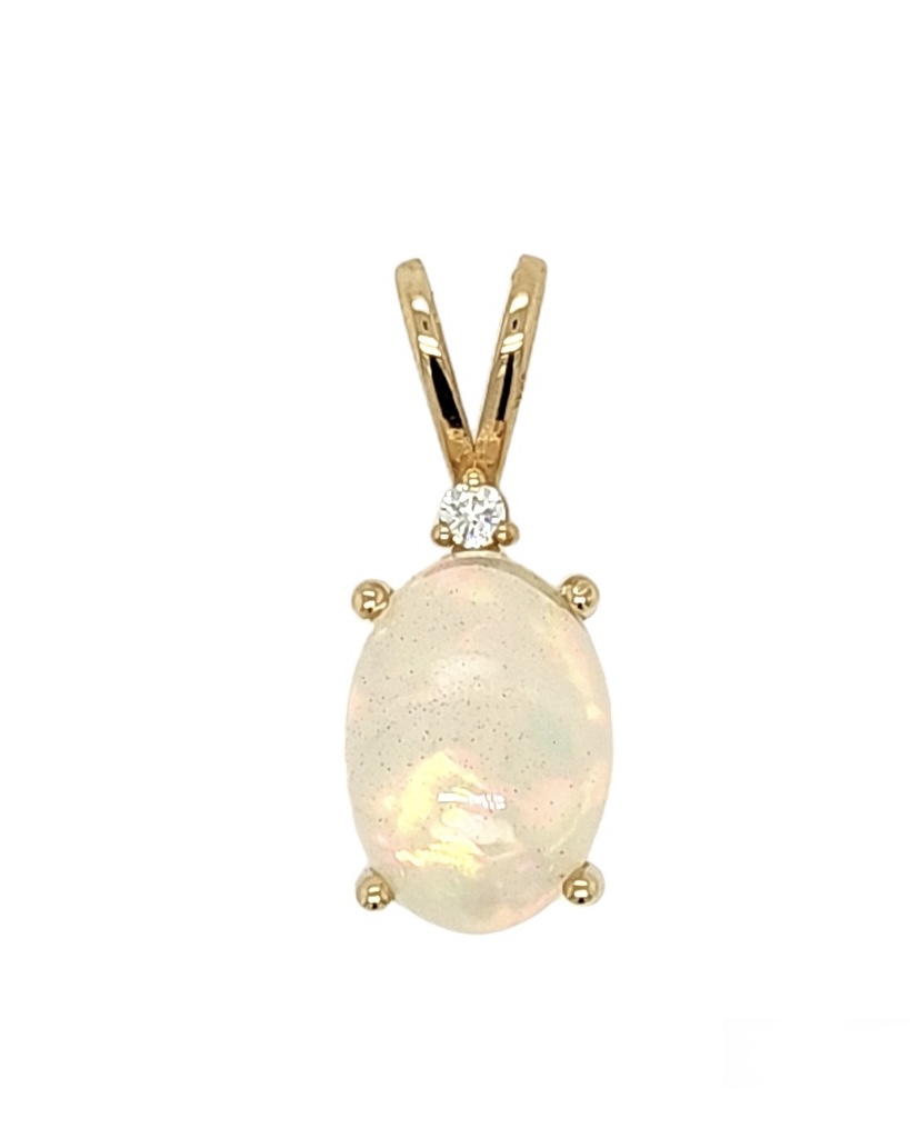 3.66 Carat Oval Opal set in 14 karat Yellow Gold with Created Diamond Accent
