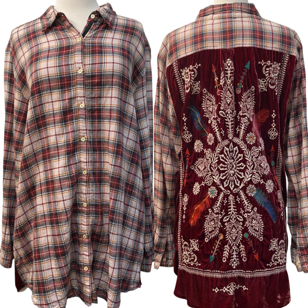Boho Johnny Was Flannel Tunic Blouse
With Velvet Floral Embroidery on Back
Cream, Burgundy,Teal, Pink, Orange, Blue, and Red
Size: XLarge