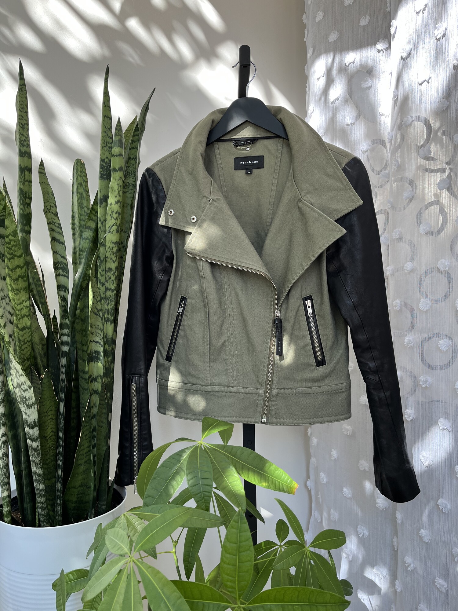 Mackage Canvas Jacket with Lamb Leather Sleeves, Olive and Black with Silver Tone Hardware