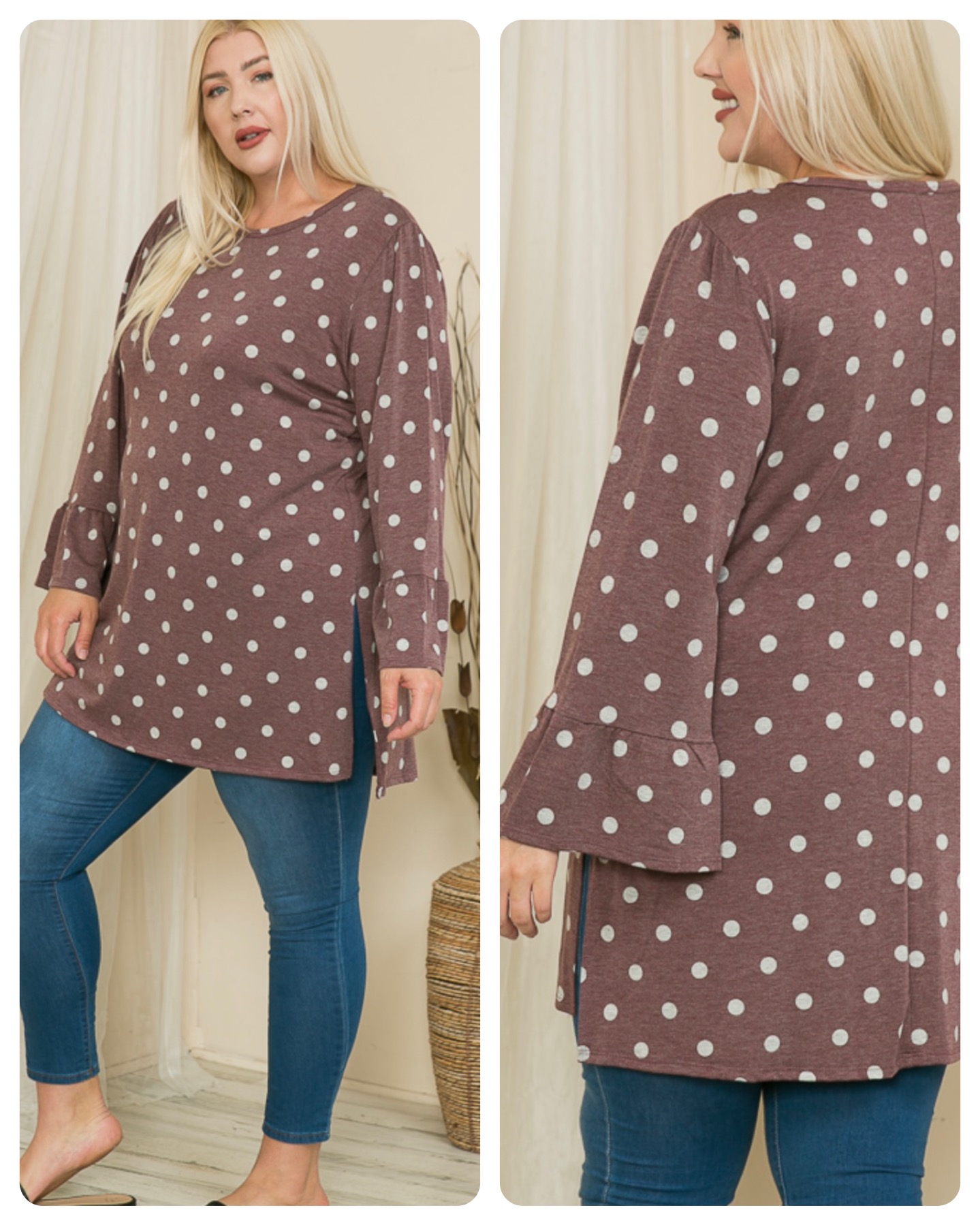 Size 5x
Cute polka dot tunic from Crepas
Bell Sleeves
poly/rayon/spandex