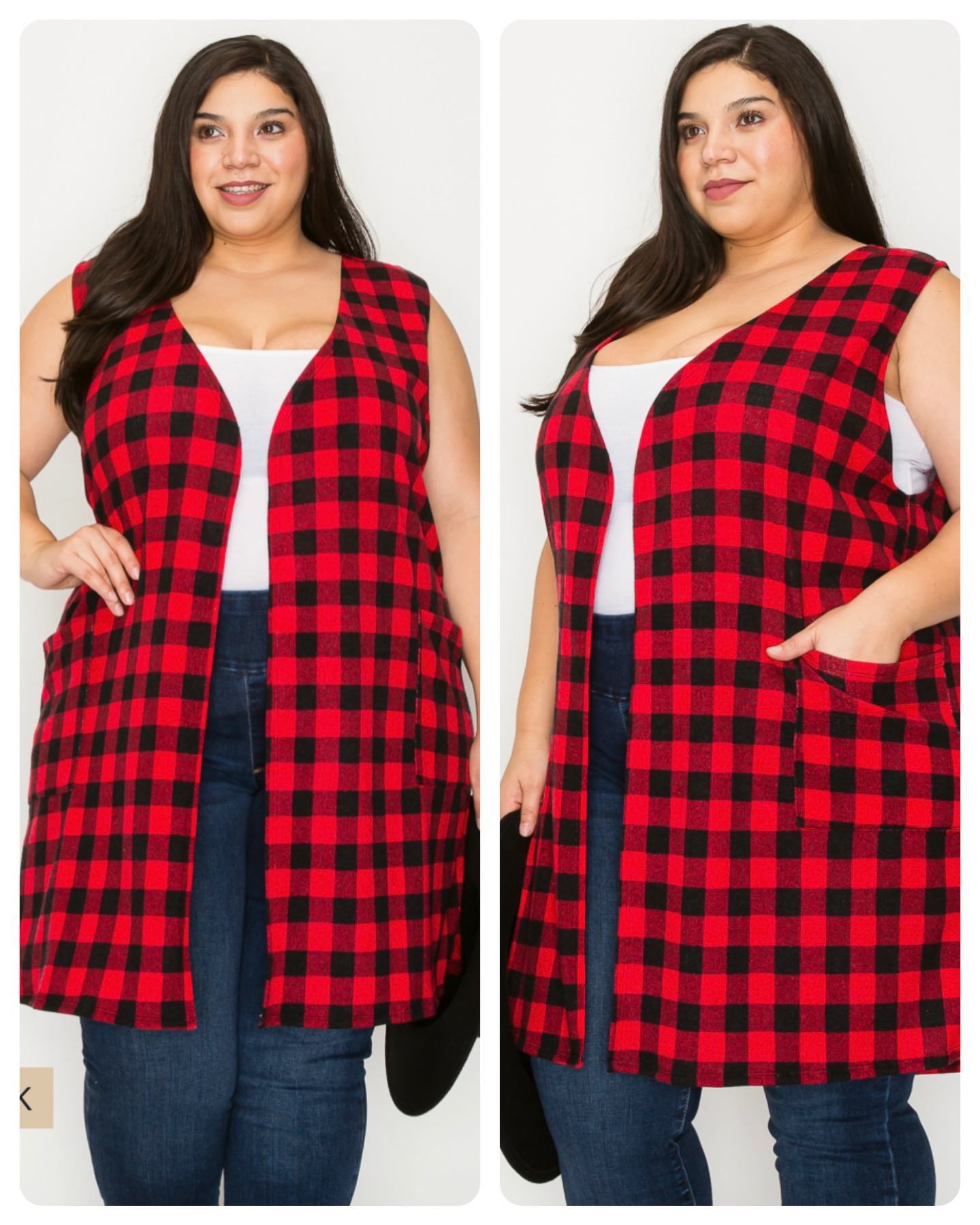 Size 4x
Sleeveless red/black buffalo plaid vest
Front pockets!
polyester/spandex