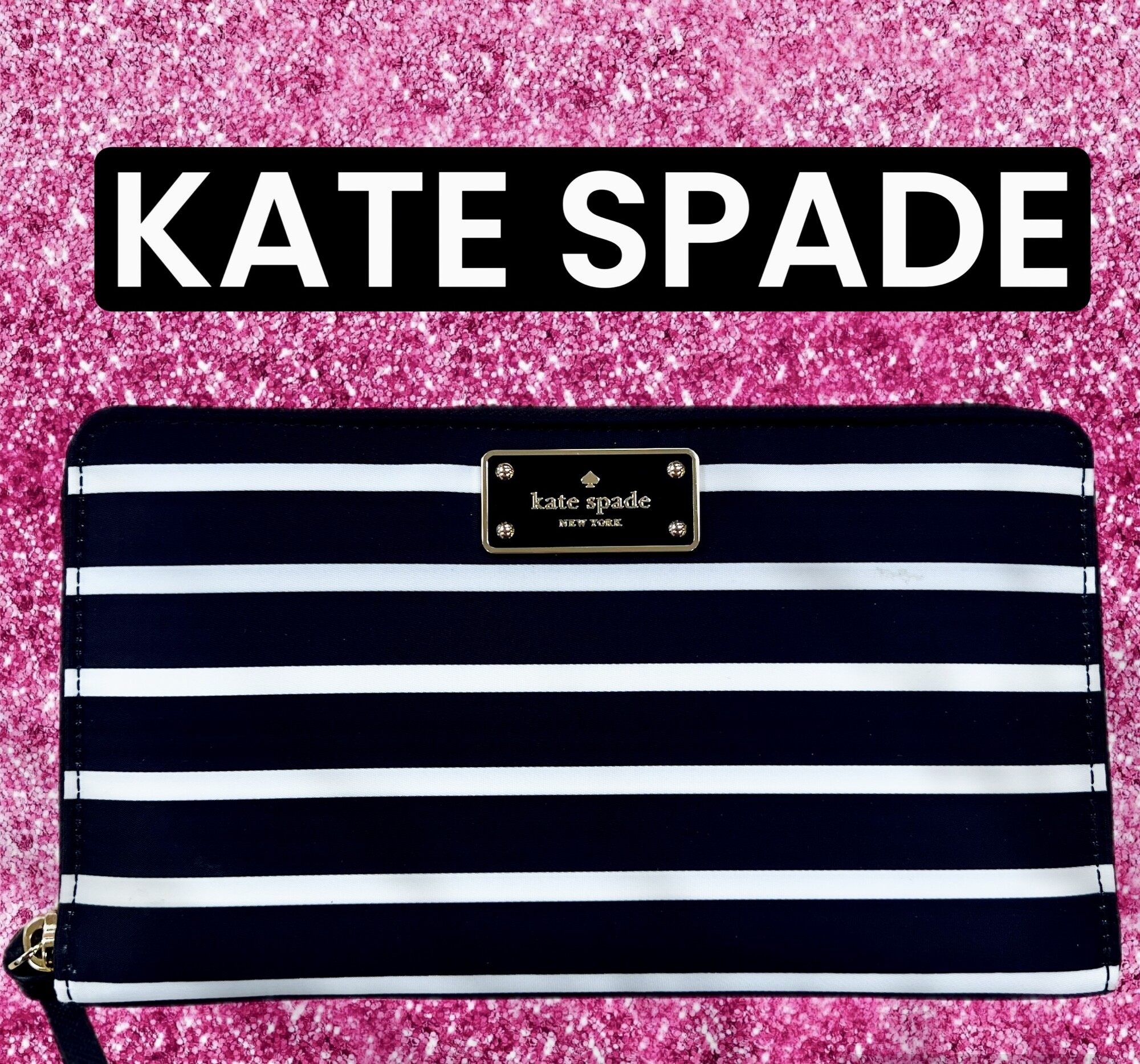 Kate Spade New York | Black & White Wilson Road French Stripe Kaden Wallet
Stylishly stash your cards, cash and coins with the help of this luxe leather wallet made in a versatile solid shade
8.7'' W x 5.3'' H x 0.8'' D
Nylon / leather trim
Lined
Zip closure
Interior: standard wallet pockets
Exterior: one zip pocket
Original Retail Price:  179.00
New with Tags.  No marks or flaws.