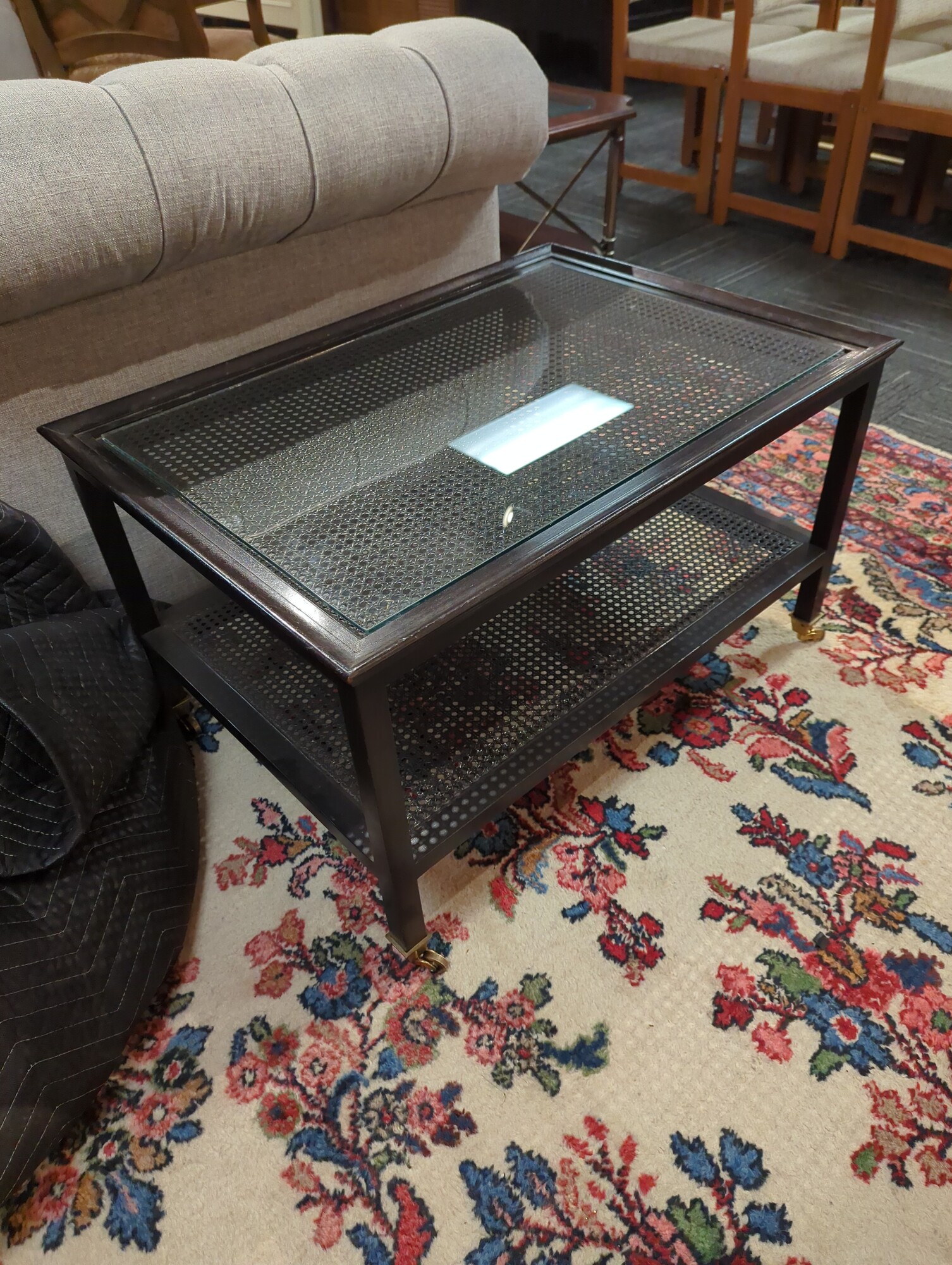 Vintage caned coffee table. 34in wide 24in deep 20in high