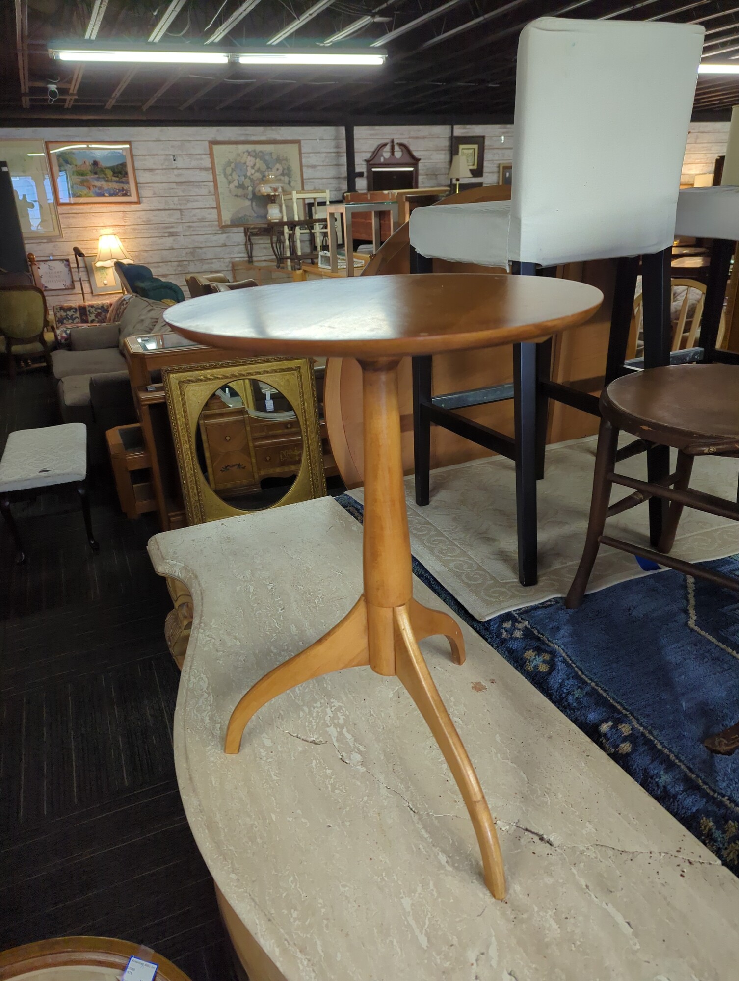 Vintage maple side table. 18in diameter 25in high.