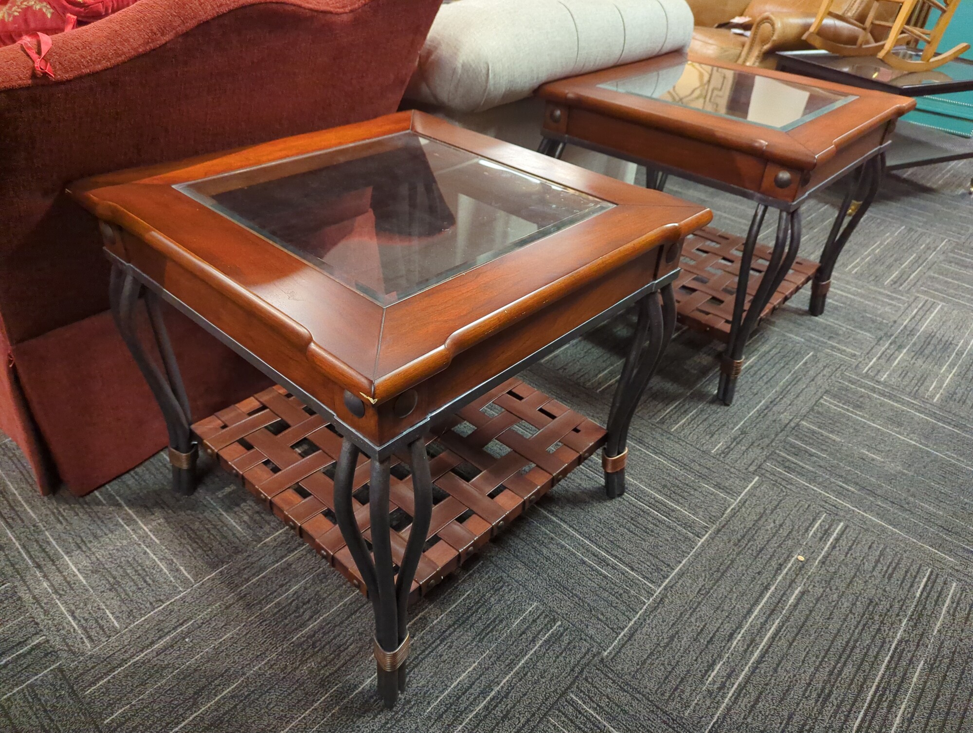 Pair of glass top side tables. 28in x 28in top 25in high.
