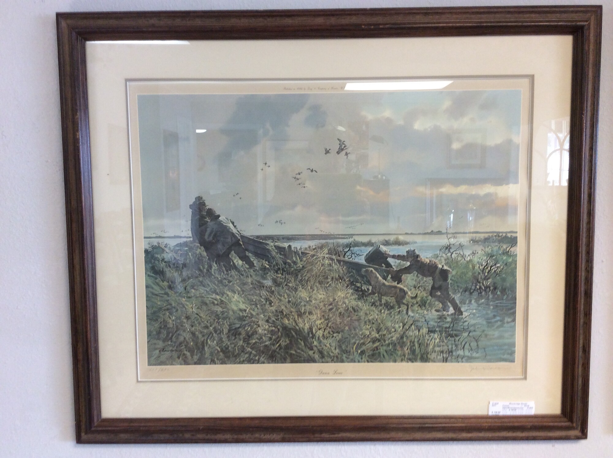 John Cowan's signed print: \"Damn Levee\" is a classic older limited edition Cowan art print depicting duck hunting scene with yellow lab Hunter Texas Gulf Coast.