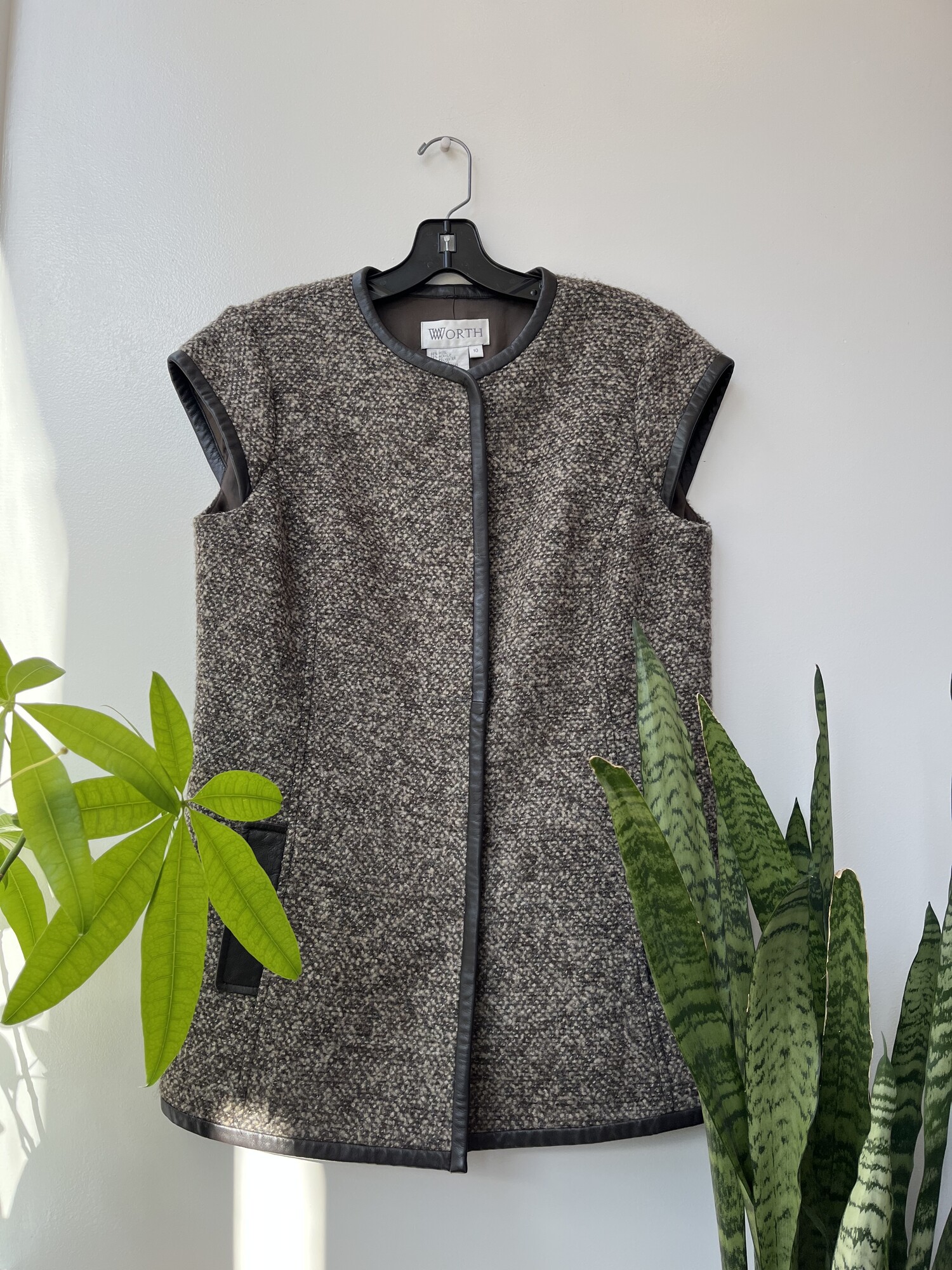 Worth Cap Sleeve Button-Down Vest, Grey, Wool Blend with Leather Trim
