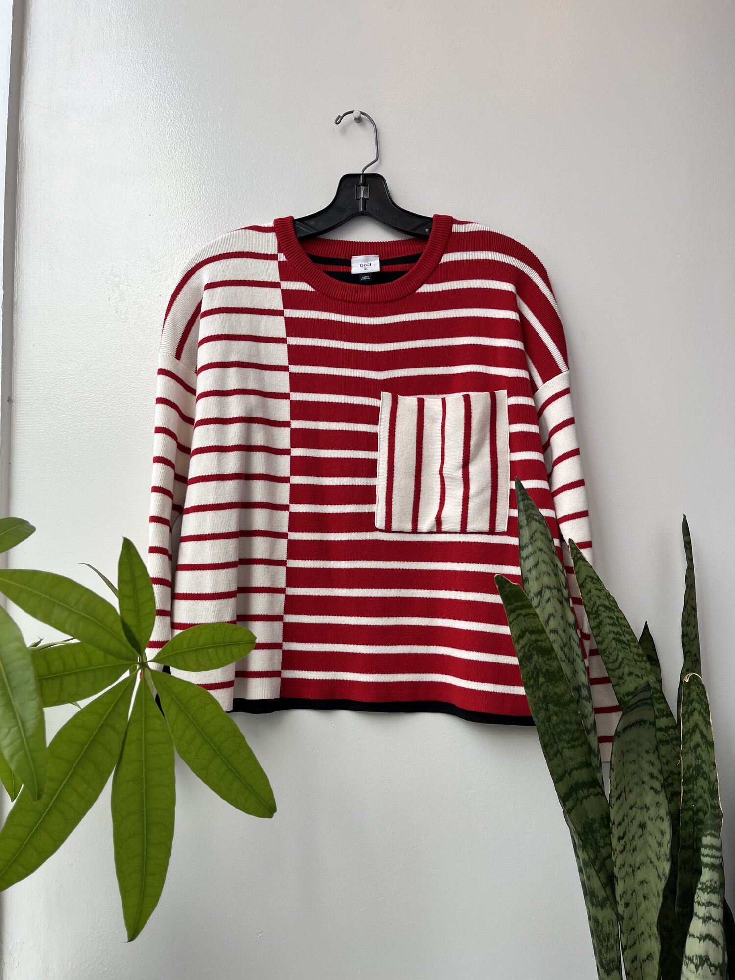 Cabi Mismatch Striped Knit Top W/Pocket, Red White and Black